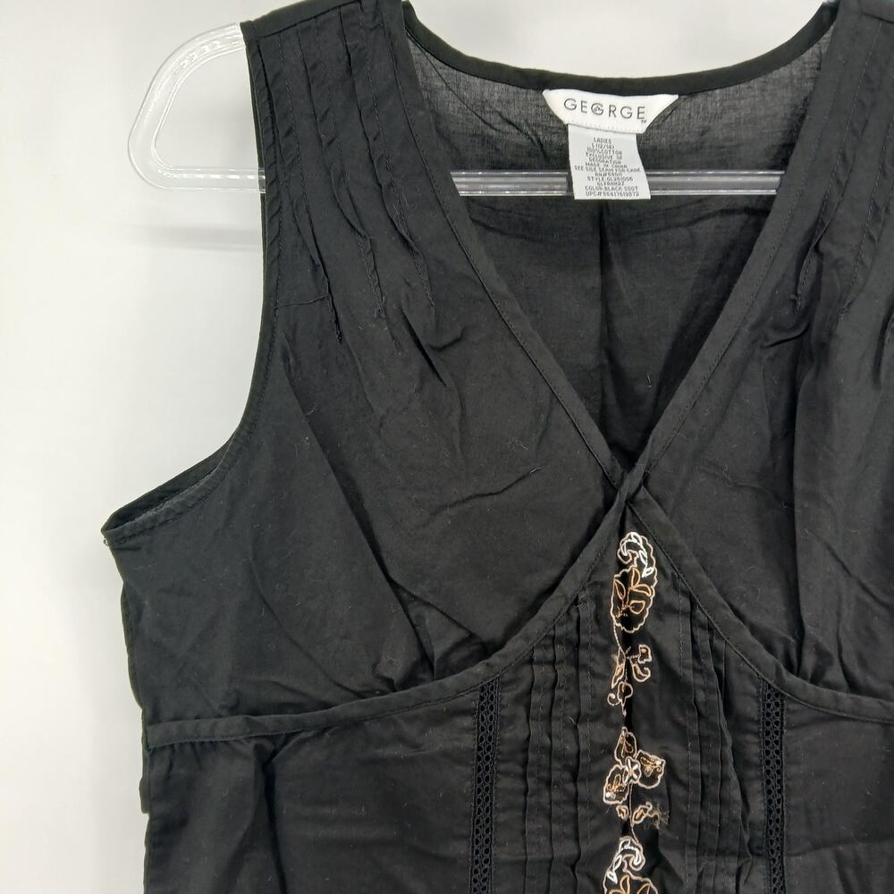 Vintage George Black Cotton Floral Embroidered Babydoll Top Womens LG Y2K Boho - Picture 2 of 8